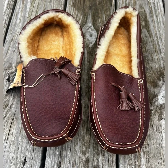 Cabelas Suede Shearling Fur Slippers Mens 10 Chocolate Brown Moccasin Boots Cabelas leather slippers - Gem main image 2